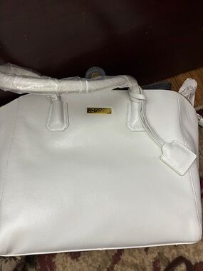 White Structured Leather Satchel with Top Handles